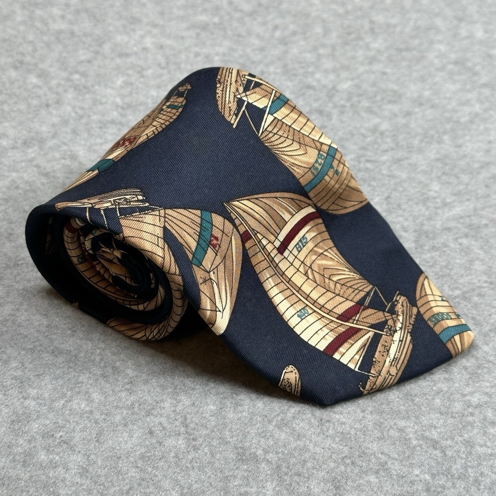Wright & Co Vintage Sailboat Nautical Silk Tie Navy Yacht Club Preppy